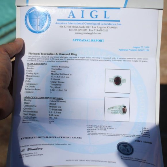 Orange Tourmaline 3.50ct Diamonds Platinum Ring - Picture 9 of 9